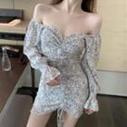 Off-shoulder Floral Ruched Dress As Shown In Figure - One Size