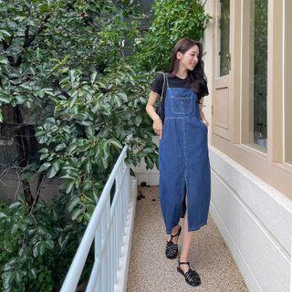 Spaghetti-strap Slit-front Denim Dress