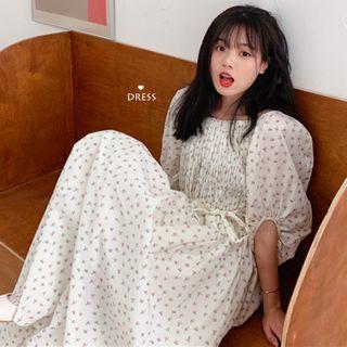 Puff-sleeve Floral Maxi Dress As Shown In Figure - One Size