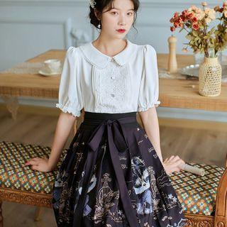 Set: Short-sleeve Lace Panel Blouse + Cat Print A-line Skirt