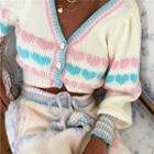Long Sleeve V-neck Heart Print Crop Cardigan