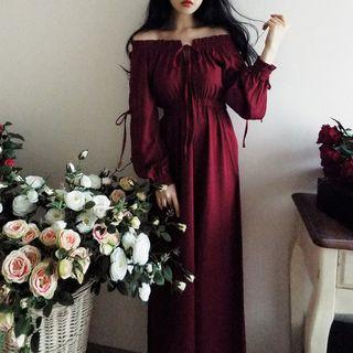 Off-shoulder Tie-string Midi A-line Dress