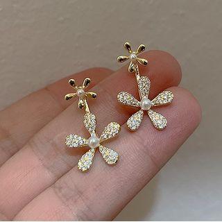 Flower Rhinestone Drop Earring 1 Pair - 925 Silver Stud - Gold - One Size