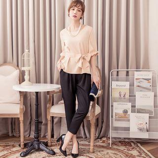 Set: Tie Waist Short-sleeve Top + Harem Pants