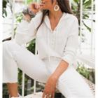 Long Sleeve V-neck Striped Knit Hooded Top