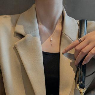 Faux Pearl Rhinestone Key Pendant Necklace S925 Silver - Key - One Size