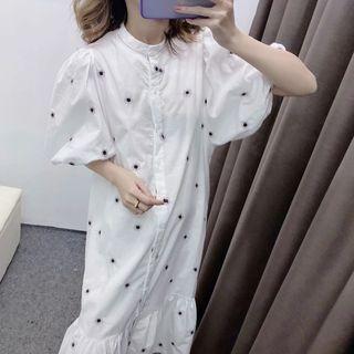 Puff-sleeve Embroidered Buttoned Maxi Dress
