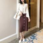 V-neck Knit Top / H-line Mid Skirt