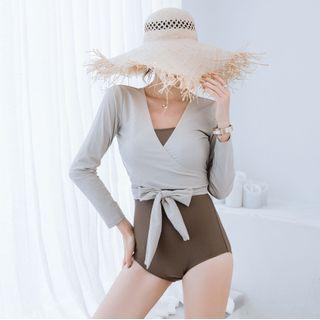 Set: Spaghetti Strap Plain Swimsuit + Long-sleeve Wrap Cover-up