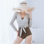 Set: Spaghetti Strap Plain Swimsuit + Long-sleeve Wrap Cover-up