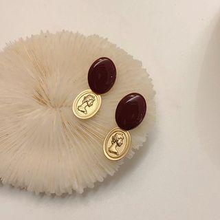 Oval Disc Drop Earring Stud Earring - 1 Pair - S925 Silver Stud - Red & Gold - One Size