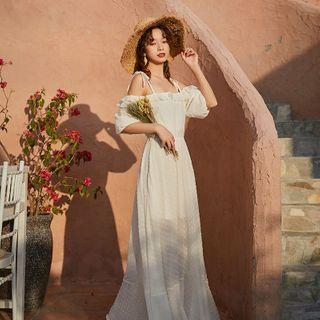 Elbow-sleeve Cold Shoulder Maxi Dress