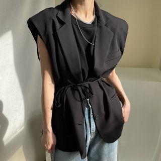 Short-sleeve Plain T-shirt / Notch Lapel Button-up Vest