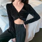 Twisted Long-sleeve Cropped Velvet Top