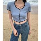 Short-sleeve Button-up Knit Crop Top Blue - One Size