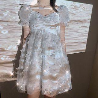 Short-sleeve Embellished Mini A-line Mesh Dress