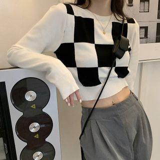 Check Panel Crop Knit Top White & Black - One Size