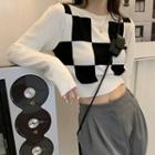 Check Panel Crop Knit Top White & Black - One Size