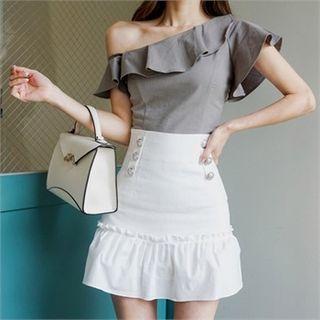 Off-shoulder Ruffled Linen Blouse