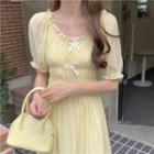 Puff-sleeve Ribbon Midi A-line Dress