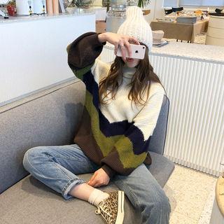 Turtleneck Oversized Chevron Sweater Ivory - One Size