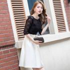 Elbow-sleeve Lace Panel Bow A-line Dress