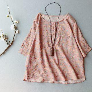 Floral Print 3/4-sleeve Linen Blouse