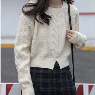 Slit Cropped Cable Knit Sweater