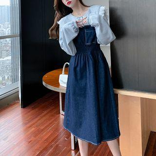 Mock Two-piece Long-sleeve Doll Collar Denim Midi A-line Dress