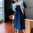 Mock Two-piece Long-sleeve Doll Collar Denim Midi A-line Dress