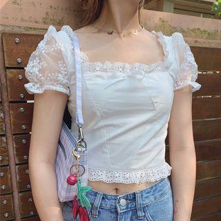 Lace Panel Puff-sleeve Square-neck Cropped Top