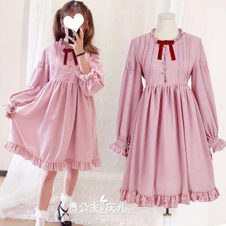 Long-sleeve Lace-trim Midi Dress