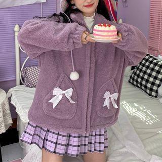 Bow-accent Fleece Zip Jacket Purple - One Size