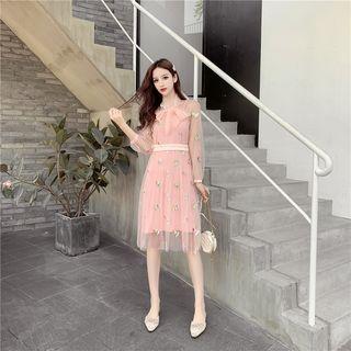 Set: Balloon-sleeve Floral Sequin A-line Mesh Dress + Slipdress