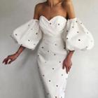Off-shoulder Lantern-sleeve V-neck Sheath Midi Dress