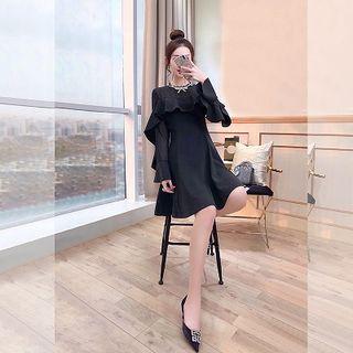 Long-sleeve Rhinestone Trim Ruffled A-line Mini Dress