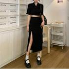 Short-sleeve Plain Cropped Blazer / High-waist Slit A-line Midi Skirt