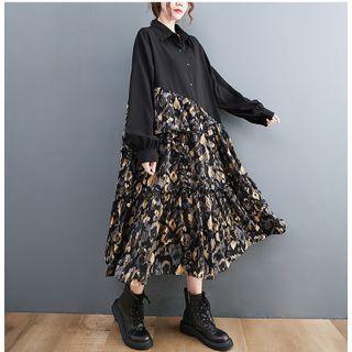 Floral Print Panel Midi A-line Shirtdress