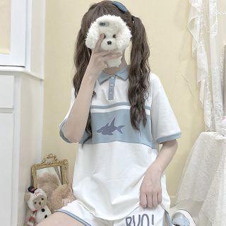 Elbow-sleeve Shark Print Color Block Polo Shirt