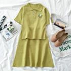 Set: Avocado Polo-neck Short-sleeve Knit Top + A-line Knit Skirt Top - One Size / Skirt - One Size