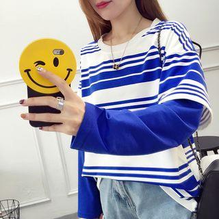 Long-sleeve Mock Two-piece Stripe Top