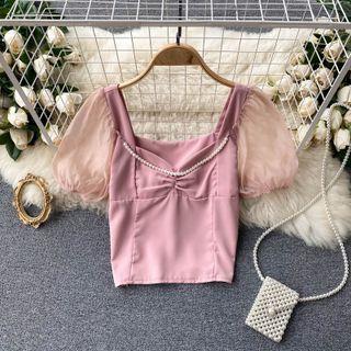 V-neck Mesh Puff-sleeve Ruched Top