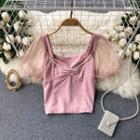 V-neck Mesh Puff-sleeve Ruched Top