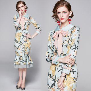 Tie-neck Floral Print Ruffled Sheath Dress