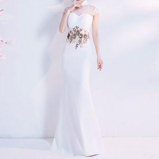 Set: Mandarin Collar Lace Panel Mermaid Evening Gown + Embroidered Capelet