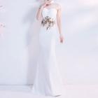 Set: Mandarin Collar Lace Panel Mermaid Evening Gown + Embroidered Capelet
