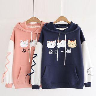 Front Pocket Cartoon Cat Hooded Sweatshirt