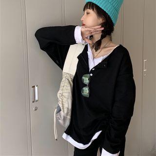 Mock Two Piece Polo Collar Long-sleeve Plain Sweatshirt