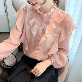 Long-sleeve Ruffle Shirt / Mini A-line Skirt