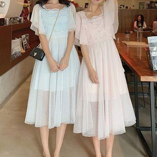 Mesh Short-sleeve A-line Midi Dress